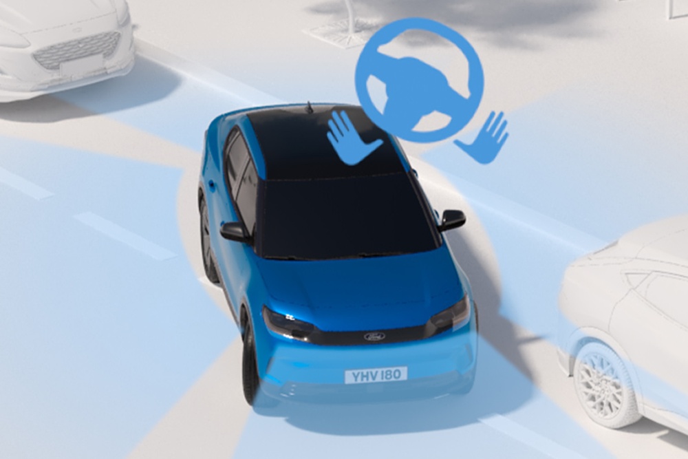 Diagram of a blue Ford vehicle demonstrating active park assist with blue bands around the vehicle.