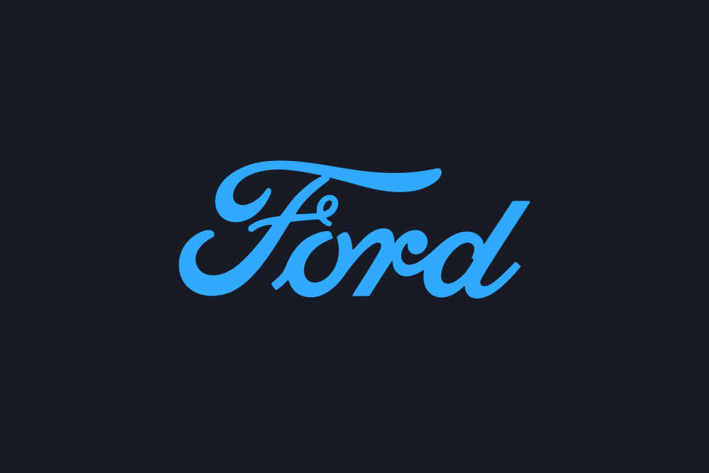 Blå Ford-logo på mørk bakgrunn.