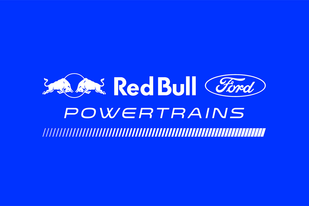Red Bull Ford Powertrains-logoen for Formel 1 på en blå bakgrunn
