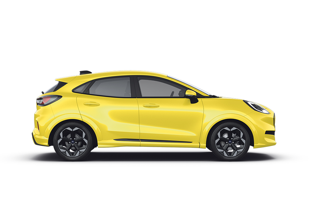 Gul Ford Puma Gen-E, en del av Ford SUV-sortimentet.