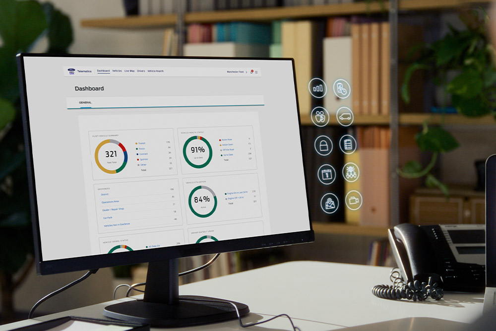En dataskjerm viser Ford Pro Telematics-instrumentpanelet med ulike måleverdier for bilparkens ytelse.