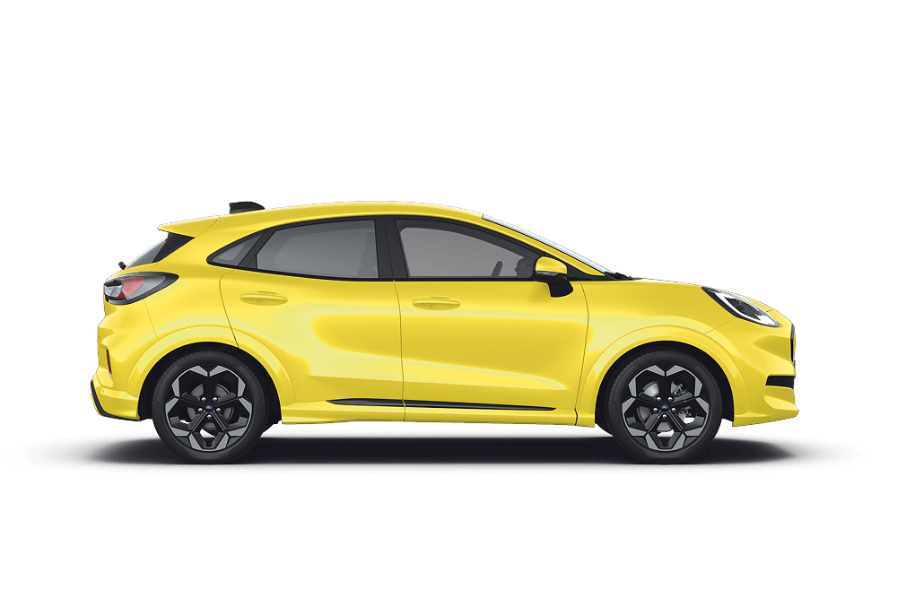 En gul Ford Puma sett fra siden, en del av Ford SUV-utvalget
