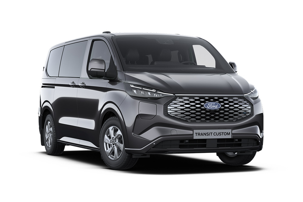 Mørkegrå Ford Transit Custom Limited Kombi-varebil, vist forfra.