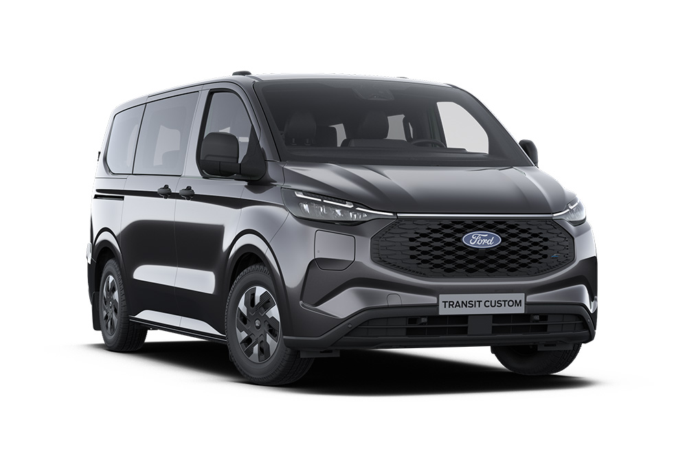 Mørkegrå Ford Transit Custom Base Kombi-varebil, vist forfra, selges ikke i Norge. 