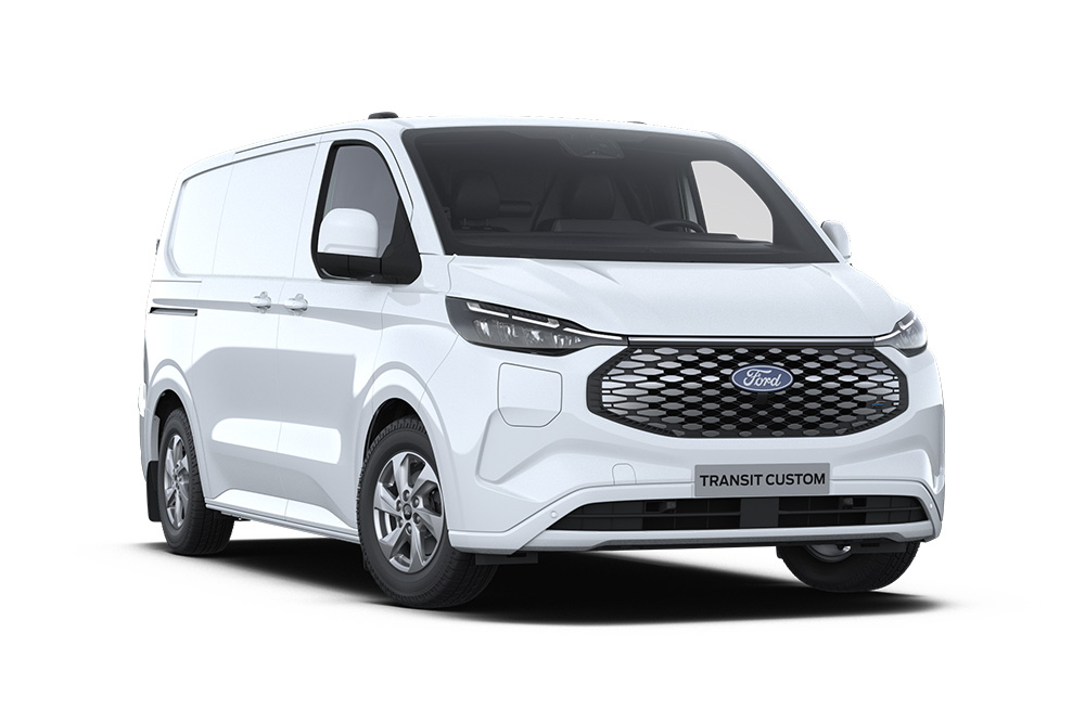 Hvit elektrisk Ford E-Transit Custom-varebil, vist forfra.