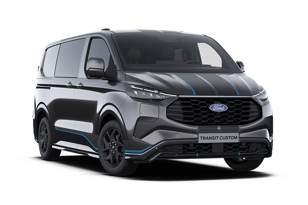 Mørkegrå Ford Transit Custom Sport dobbelkabin varebil med blå aksenter. Kun tilgjengelig som helelektrisk Limited i Norge.