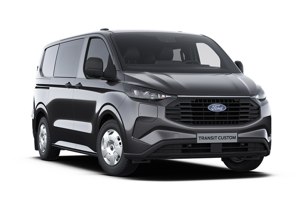 Mørkegrå Trend Ford Transit Custom Double Cab-varebil. Kun tilgjengelig som helelektrisk Limited i Norge.
