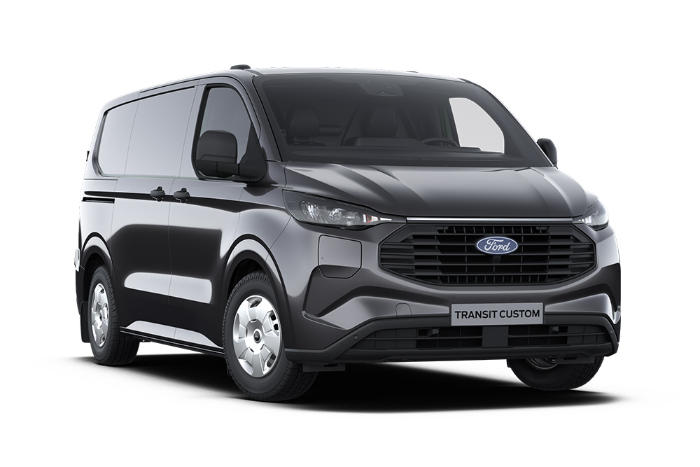 Mørkegrå Ford Transit Custom ladbar hybrid Trend.