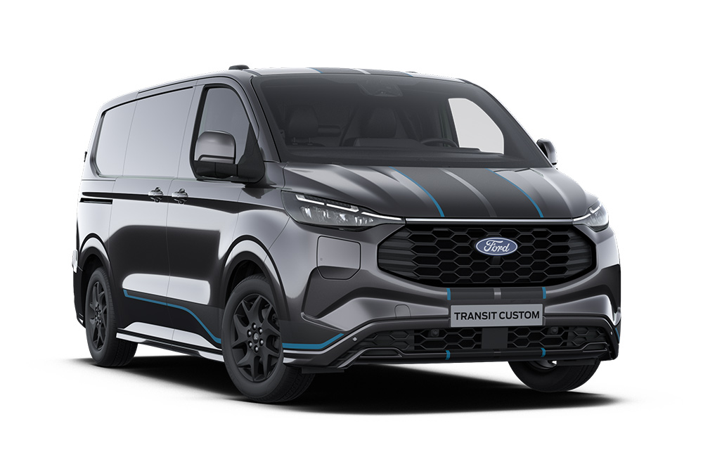 Mørkegrå Sport Ford Transit Custom-varebil med blå detaljer.