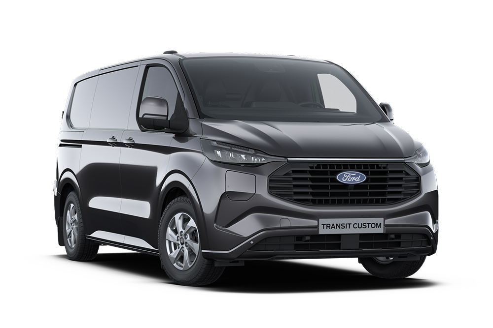 Mørkegrå Ford Transit Custom ladbar hybrid Limited.
