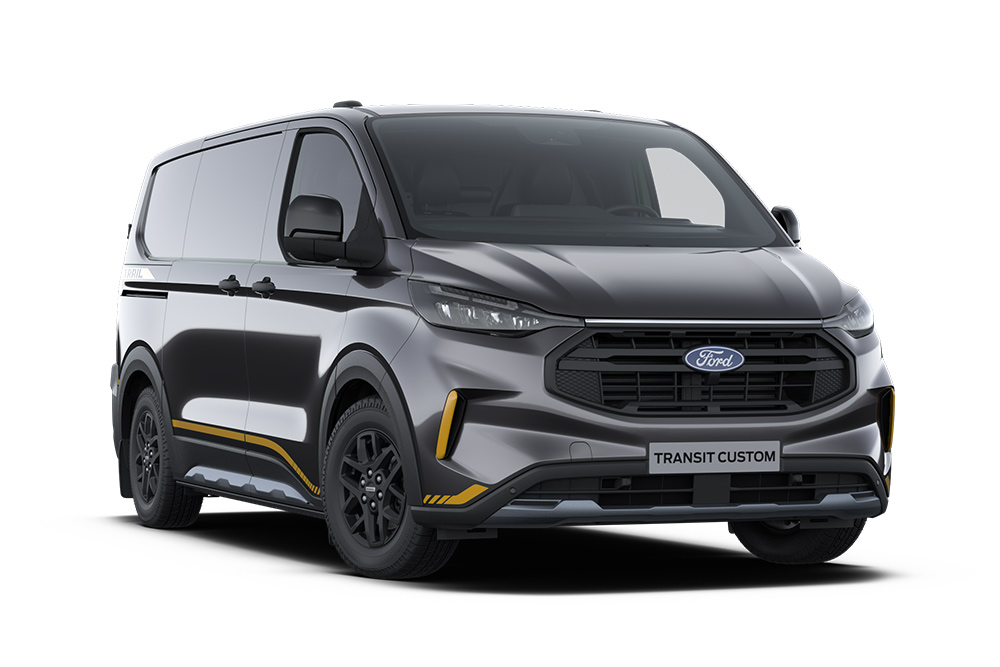 Mørkegrå Trail Ford Transit Custom-varebil med gullfargede detaljer.