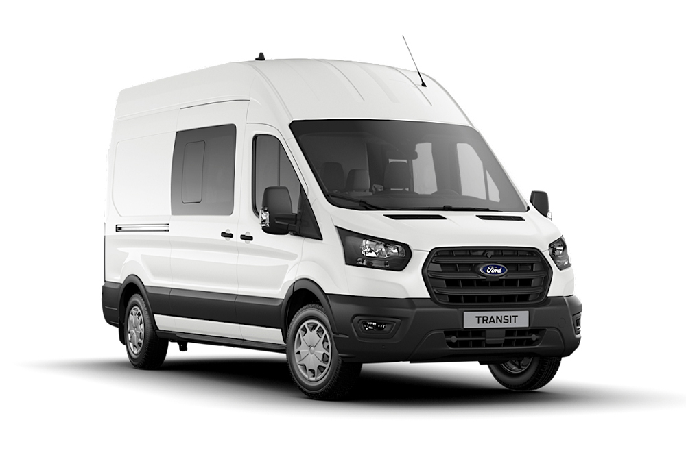 Hvit Ford Transit  dobbelkabin vare.