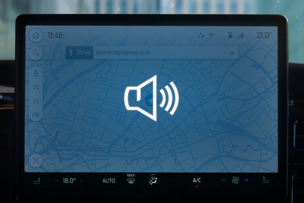 Symbol for muntlig veiledning vises på Ford berøringsskjerm, for veiledning i kjøretøyet.