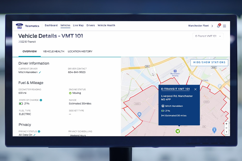  Et dashbord som viser Fords GPS flåtesporingsfunksjon.