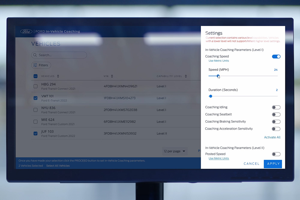  Et dashbord som viser Fords in-vehicle coaching-funksjoner.
